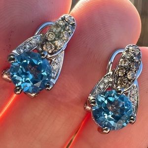 LeVian designer solid 14k gold genuine topaz/ chocolate/white Diamond earrings